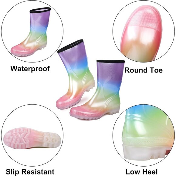 Women's  Rainbow of Pearl Lightweight Fashion Wide Calf Waterproof Rain Boots - Picture 4 of 5